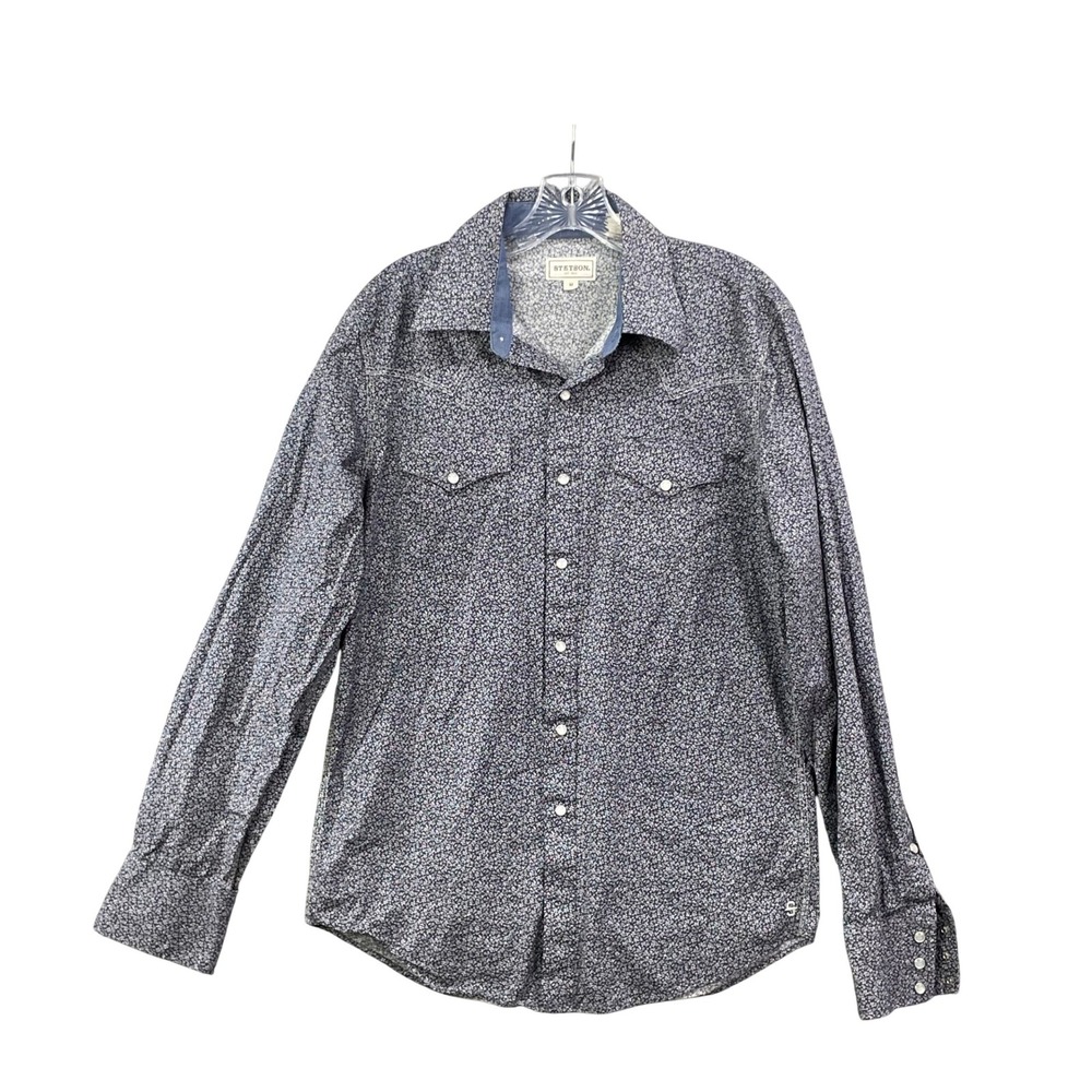 Stetson Western Pearl Snap Shirt Mens Medium Blue Floral Ditsy Cowboy Rodeo Barn